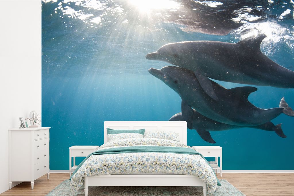 MuchoWow Fototapete für Wohnzimmer oder Schlafzimmer Wandtapete Vinyl Motivtapete Drei Delphine unter der Wasseroberfläche - 525x350 cm - Das H...