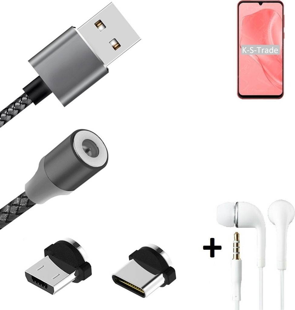 K-S-Trade Hochwertiges Magnet-Lade-kabel Sync-Kabel Daten-Kabel + Kopfhörer für Ulefone Note 6P mit USB-Typ-C-Anschluss und Micro-USB-Anschluss 2A