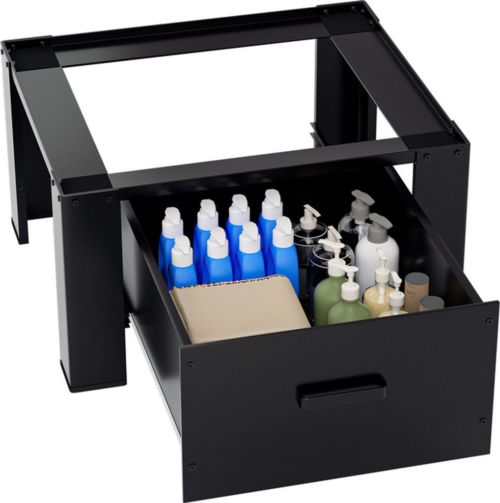 A black steel washing machine stand with an open drawer filled with cleaning supplies.
