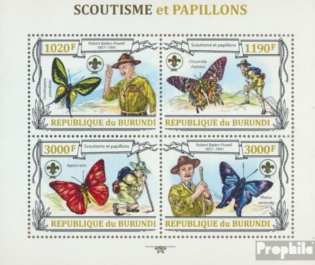 Briefmarken Burundi 2013 Mi 3153-3156 Kleinbogen (kompl. Ausgabe) postfrisch Pfadfinder und Schmetterlinge