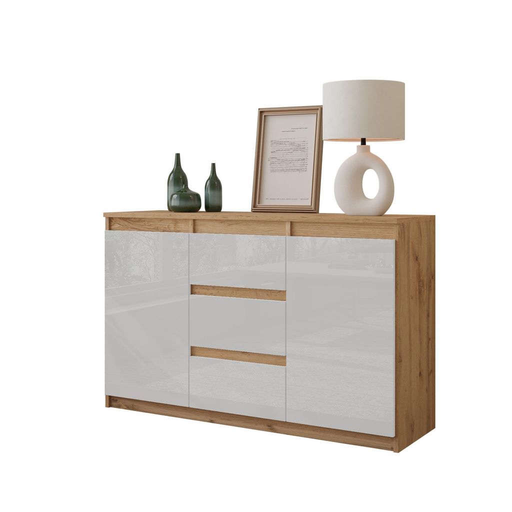 MIKEL - Kommode / Sideboard mit 3 Schubladen und 2 Türen - Wotan Eiche / Weiß Gloss H75cm B120cm T35cm