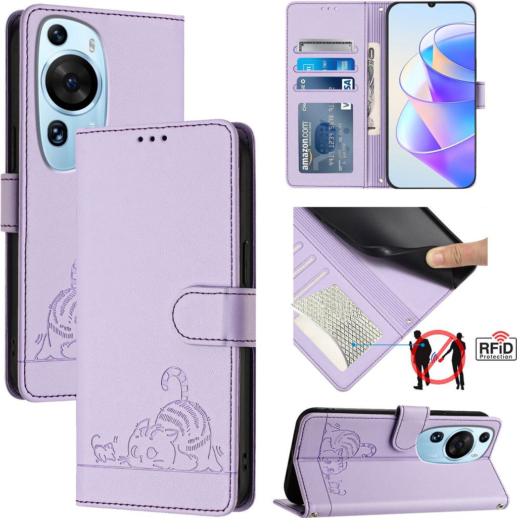 Leder Hülle für Huawei P60 Art Süße Katze Flip Case Brieftasche Schutzhülle mit Standfunktion Lila