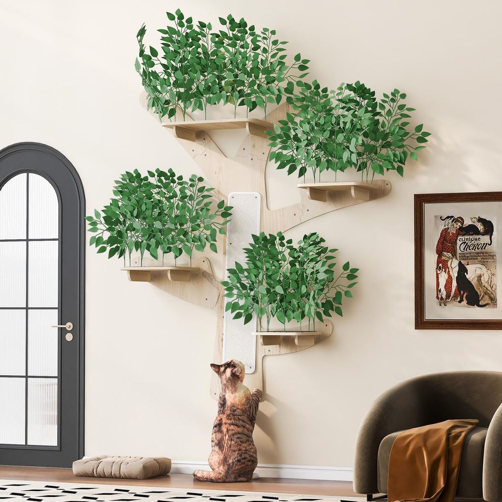 Flieks Wand-Kratzbaum Katzenbaum mit dekorativen Blättern, Katzenkratzbaum aus Kiefer, Katzenkletterbaum mit Kratzfläche & Plattformen, Grün
