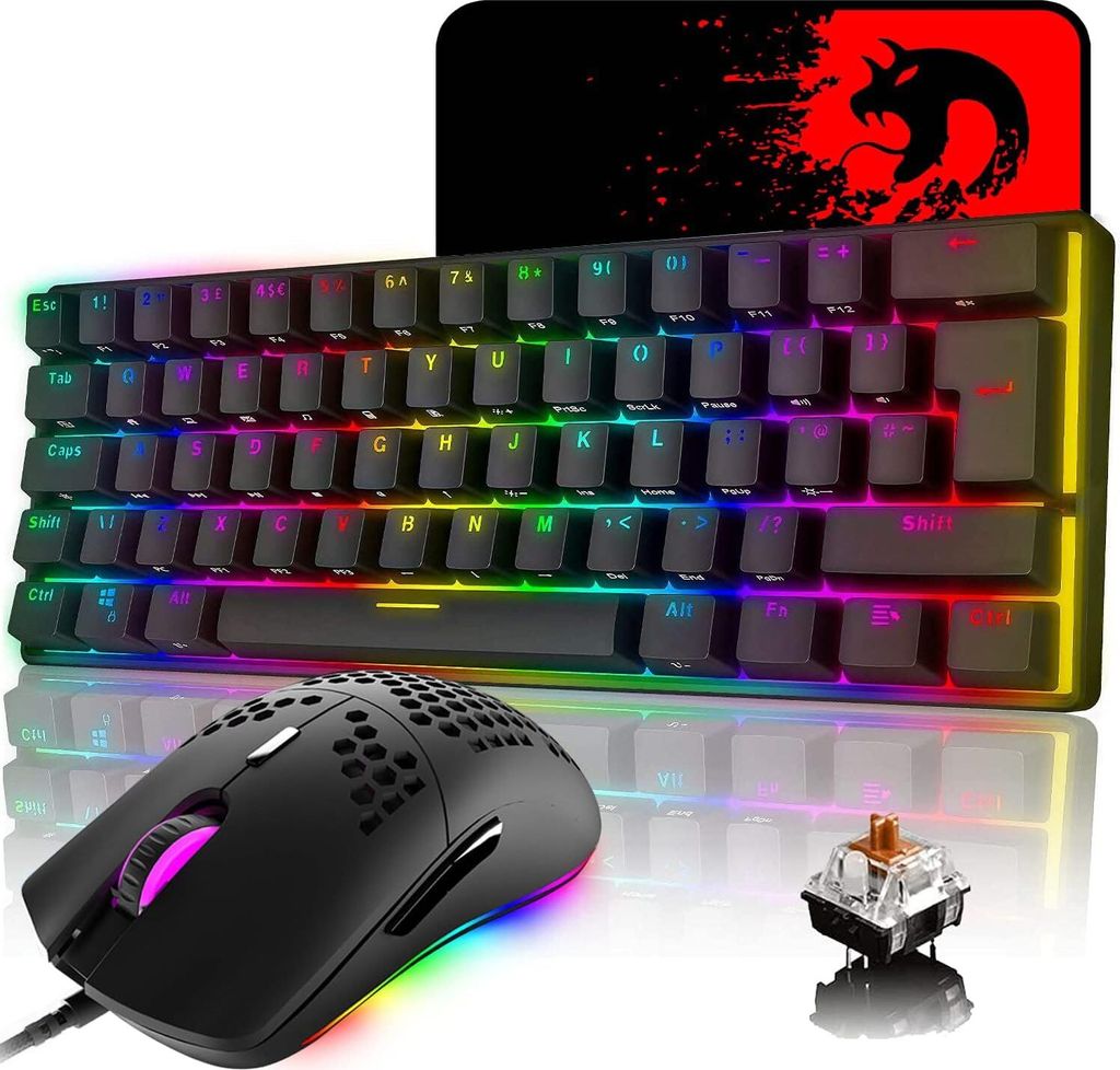 RGB 14 Hintergrundbeleuchtungseffekte Mini 62 Tasten Kabel Typ C + Leichtes RGB 6400DPI Wabenmaus + Mauspad Kompatibel mit PS4, Xbox, PC, Laptop, MAC