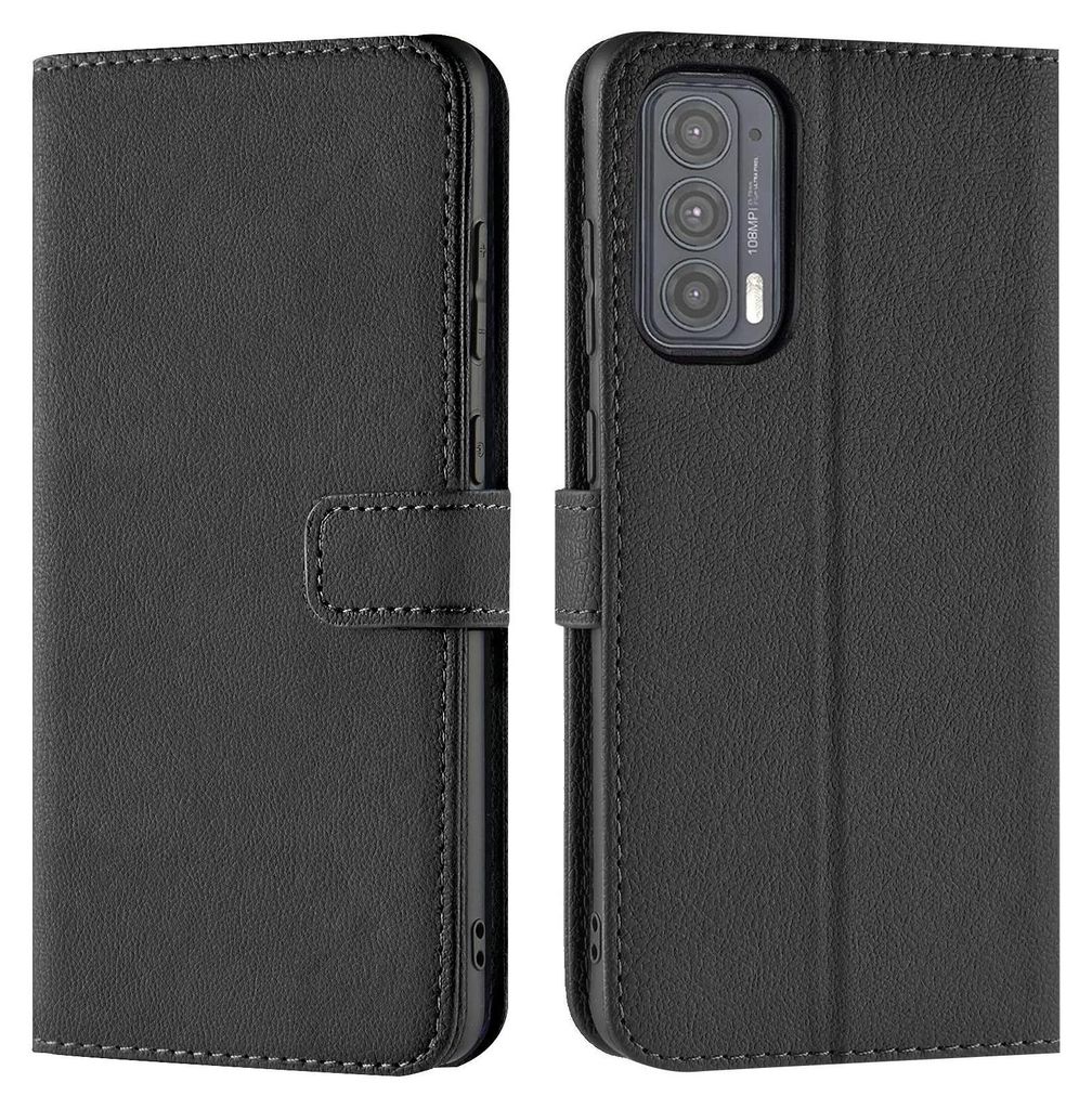 A black leather flip case for a smartphone is shown from two angles.