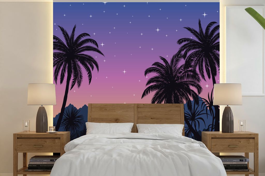 MuchoWow Fototapete für Wohnzimmer oder Schlafzimmer Wandtapete Vinyl Motivtapete Sternenhimmel - Palme - Berg - 240x240 cm - Schlafzimmer-Tapete