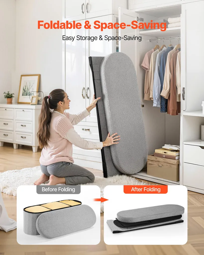 Solution de Rangement Compacte : Ottomane Pliable Ovale Grise Robuste - 4