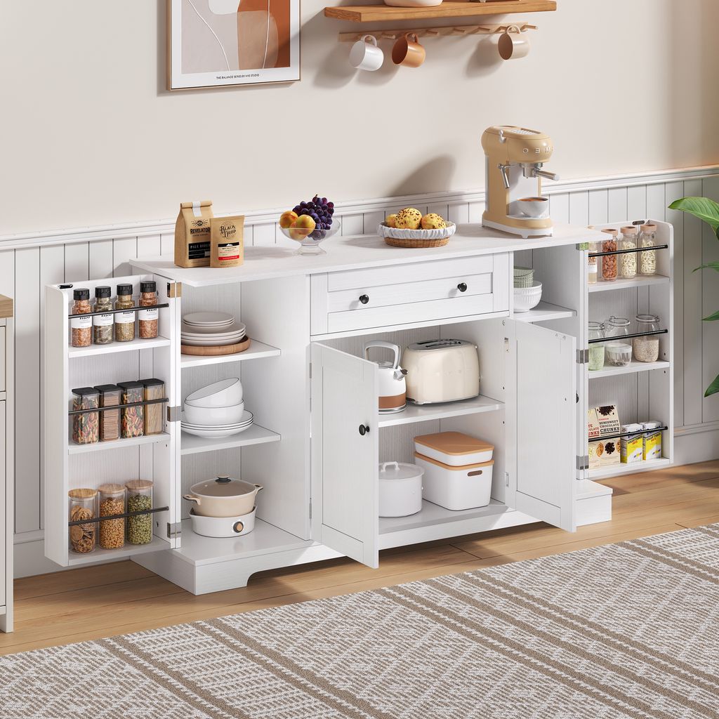 A white sideboard cabinet with various kitchen items and storage compartments.