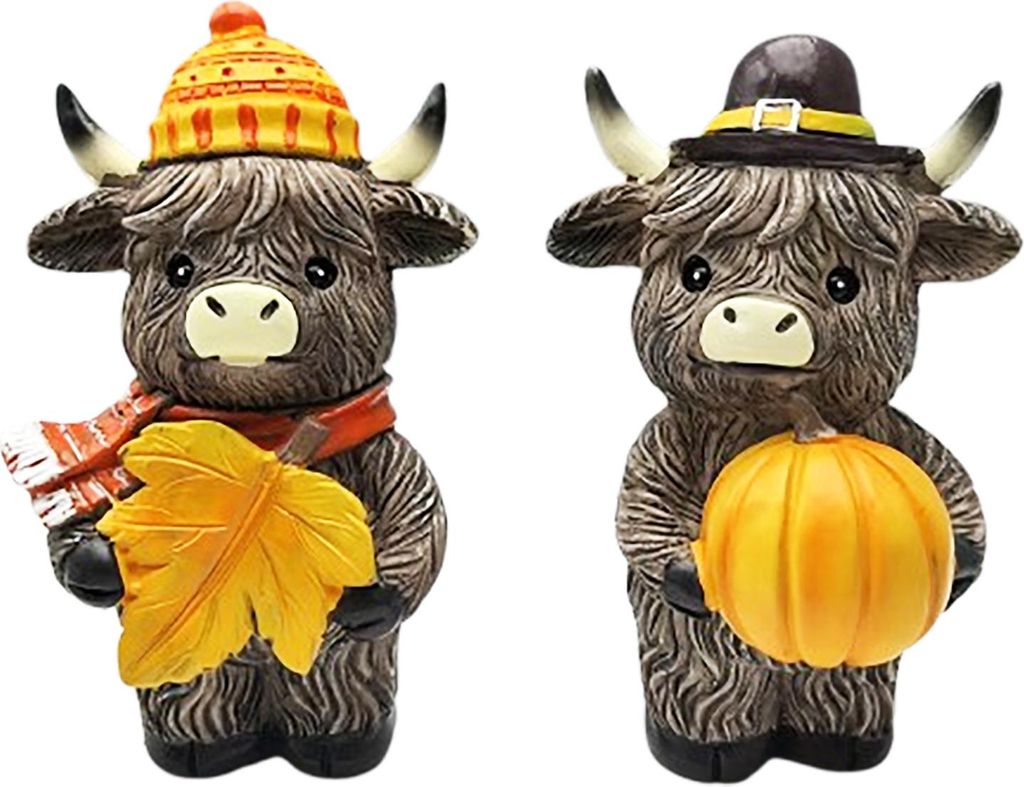 2 Stück Highland-Kuh-Figur, Herbstkürbis, Ahorn, Highland-Kuh-Statue, Harz, schottische Rinder-Skulptur, Kalbsliebhaber, Geschenke für Thanksgiv...