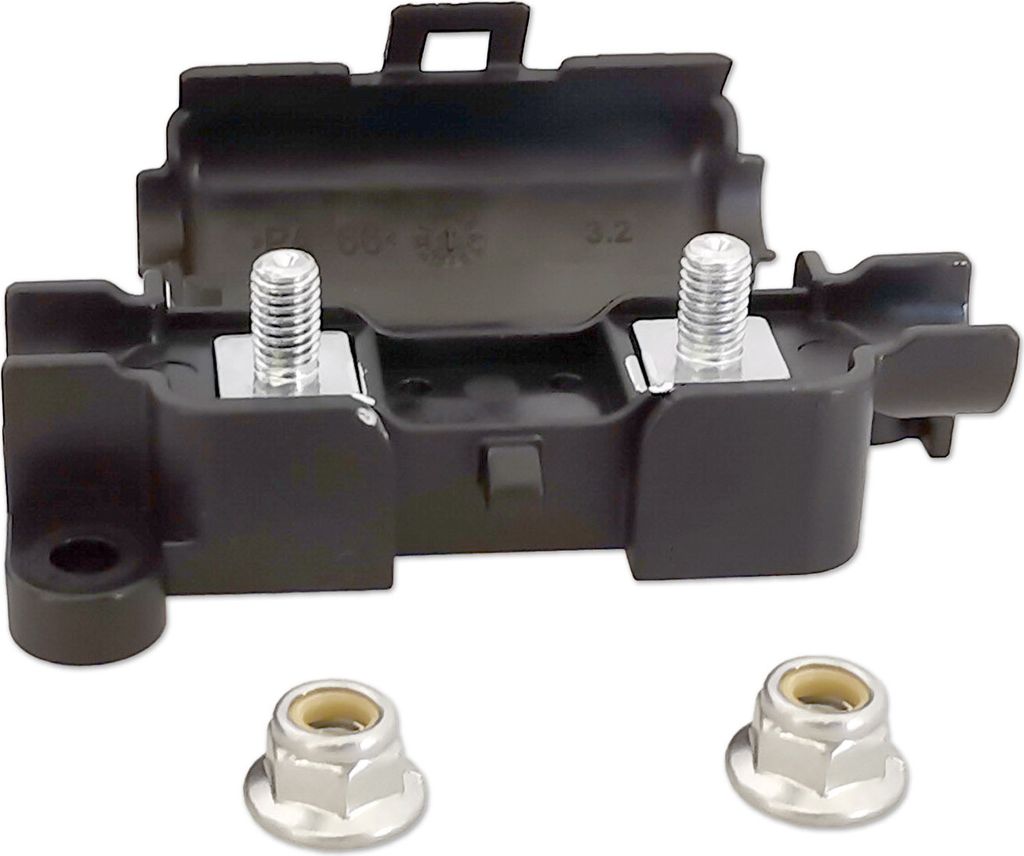A black fuse holder with two silver threaded posts and two silver nuts are shown against a white background.