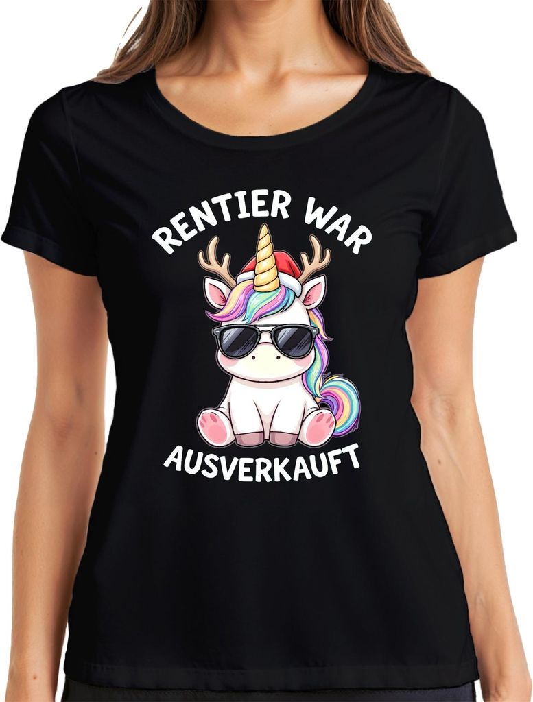 Rentier t Einhorn Weihnachten Weihnachtsmütze Geschenk Damen T-Shirt, Schwarz, M