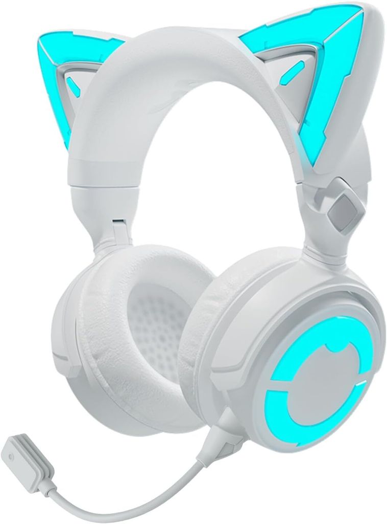 RGB-Katzenohr-Kopfhörer 4, verbessertes kabelloses und kabelgebundenes Gaming-Headset mit aufsteckbarem HD-Mikrofon, aktive Geräuschreduzierung