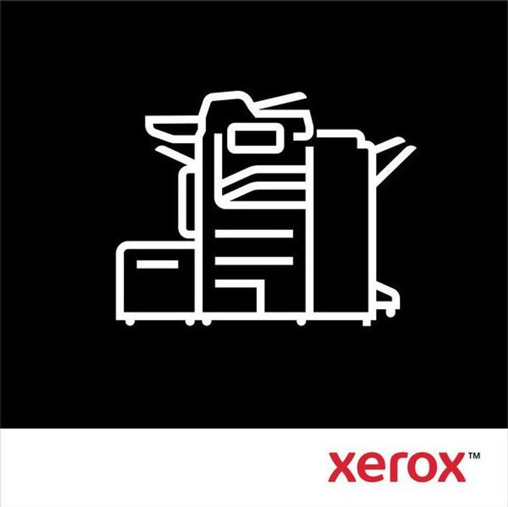 A white line drawing of a Xerox copier on a black background, with the Xerox logo and text at the bottom on a white background.
