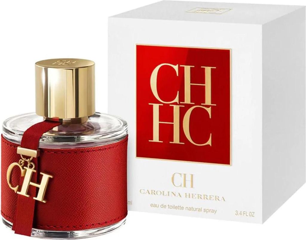 A bottle of Carolina Herrera CH Eau De Toilette and its packaging are displayed against a white background.