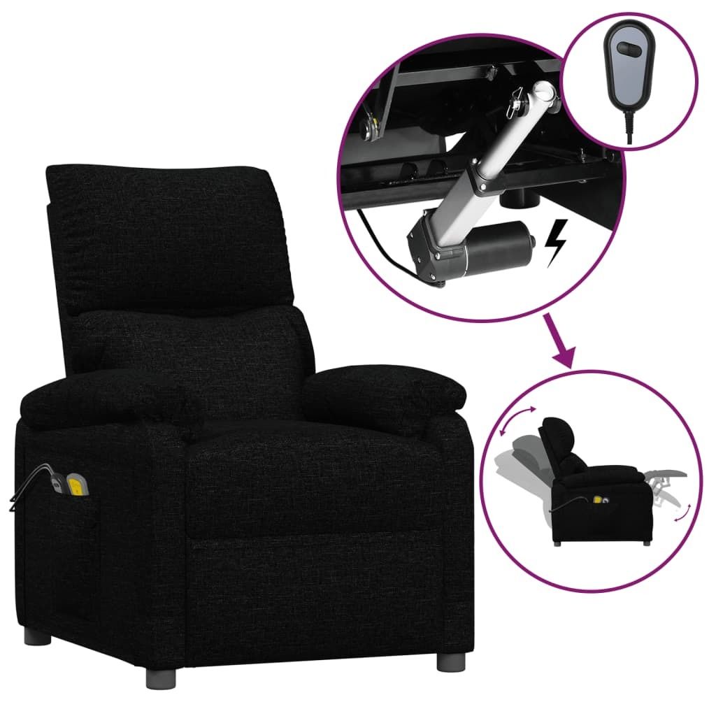 A black fabric massage recliner chair with inset diagrams showing its mechanical features and reclining function.