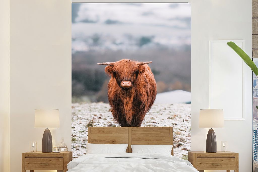 MuchoWow Fototapete für Wohnzimmer oder Schlafzimmer Wandtapete Vinyl Motivtapete Schottischer Highlander - Schnee - Berg - 195x300 cm - Das Hin...