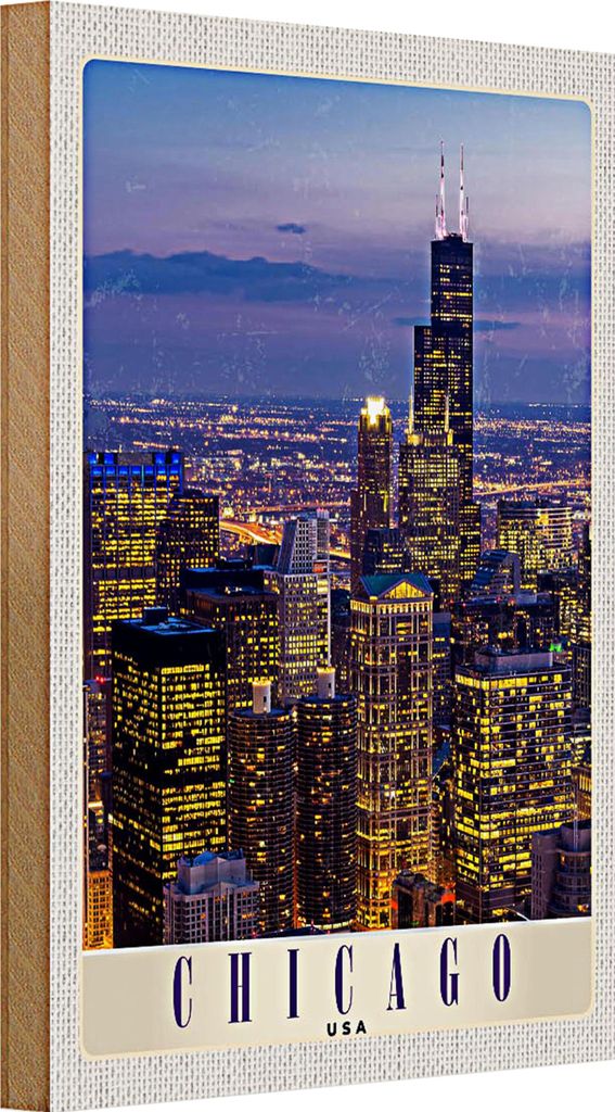 Holzschild Reise 20x30cm Chicago Amerika USA Hochhaus Abend