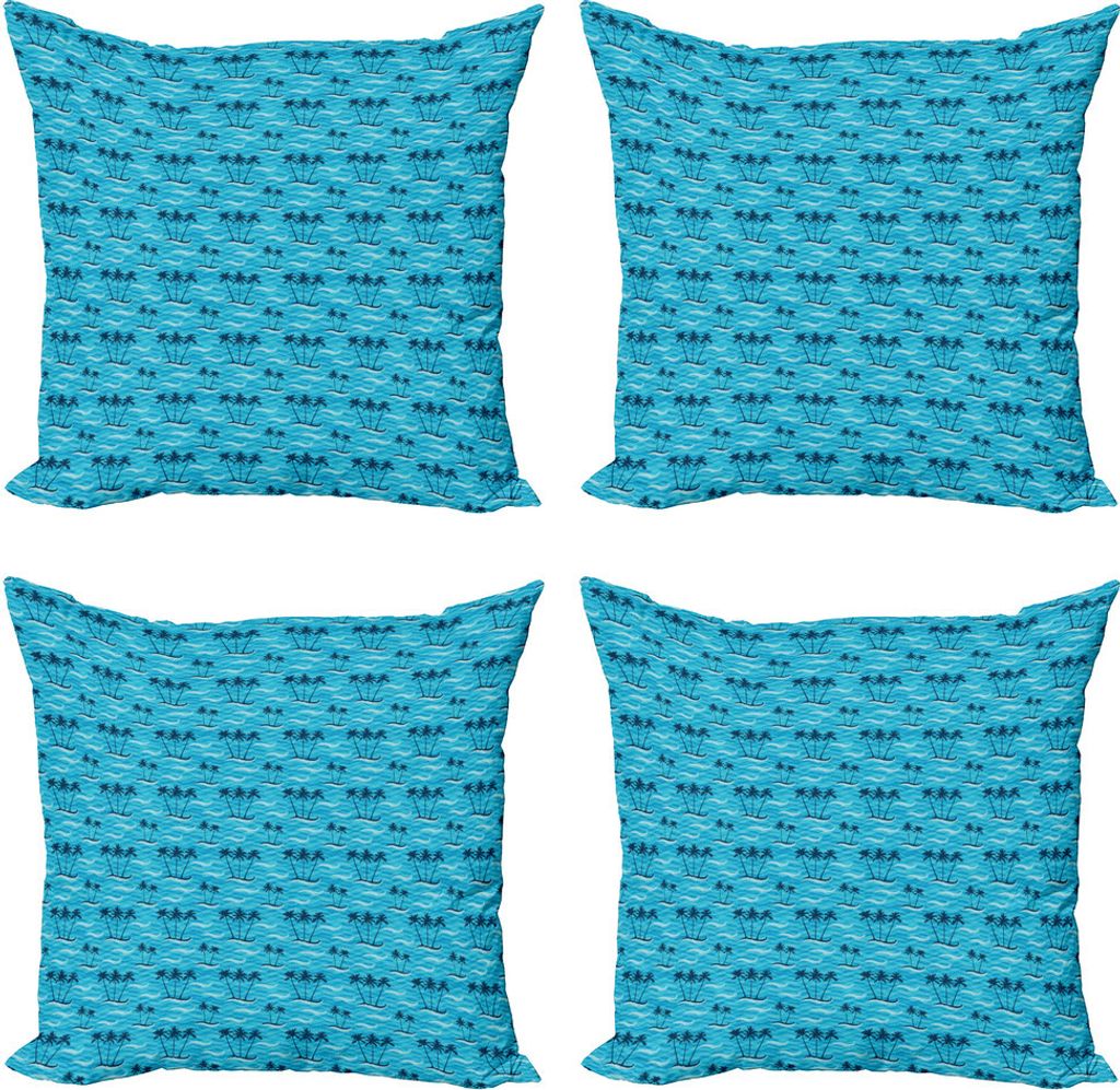ABAKUHAUS Tropisch Kissenbezug Set (4 Stück), Sommer, Meer und Palmen, Moderner Doppelseitiger Digitaldruck, 60 cm x 60 cm, Petrol Blau Blau