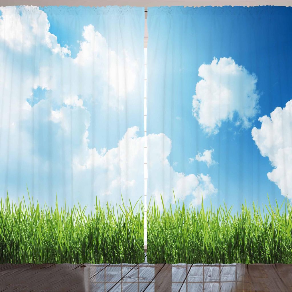 ARANDE Himmel Gardine, Sonniger Tag Bild mit grünem Gras Sun Rays Clouds Schönheit der Natur Land Wiese, 280 x 260 cm, Grün Weiß Blau