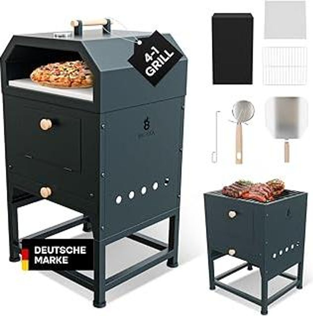 Pizzaofen Outdoor 4-in-1 | Pizza, Grill & Feuerstelle | Gartenofen mit Zubehör – ideal für Terrasse & Camping