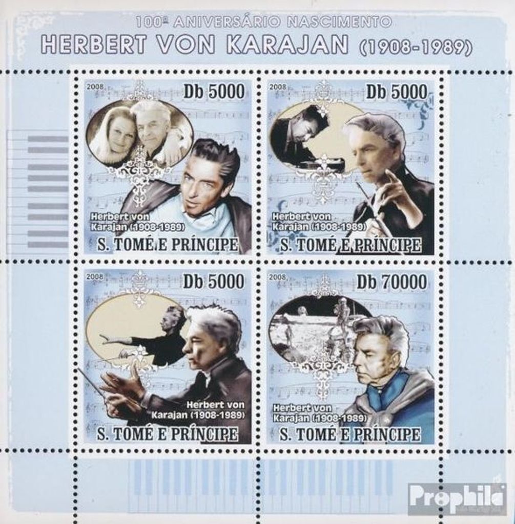 Briefmarken Sao Tome e Principe 2008 Mi 3444-3447 Kleinbogen (kompl. Ausgabe) postfrisch Komponist Herbert von Karajan