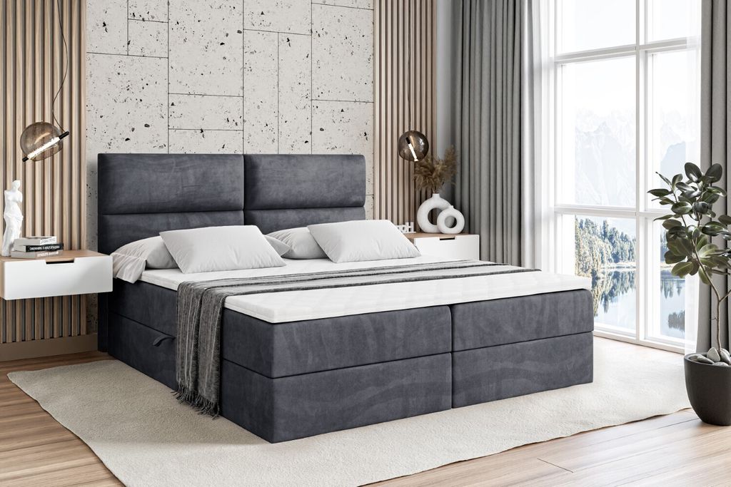 ALTDECOR Boxspringbett mit H3 Matratze und Topper - 140 x 200 cm - BOXI3 - Dunkelgrau Samt - Polsterbett mit Bettkasten und Lattenrost, Bett mit St...