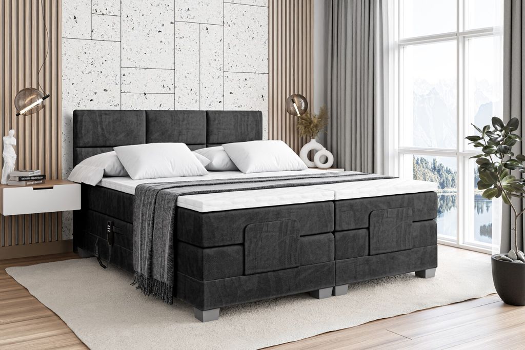 ALTDECOR Boxspringbett elektrisch verstellbar mit 2 Matratzen H3/Bonell- und H4/Taschenfederung + Topper (4 cm hoch), Polsterbett mit Kopfteil PROT...