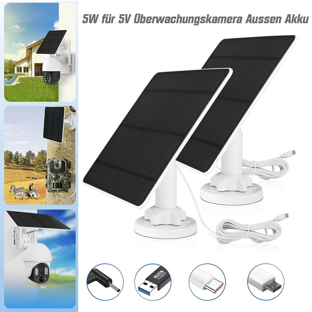 2x Solarpanel für Überwachungskamera Aussen Akku, 5W-5V-IP65 Solarmodul ist Kompatibel mit WYZE Battery Cam Pro, Eufy Camera mit Micro-USB, DC,Ty...