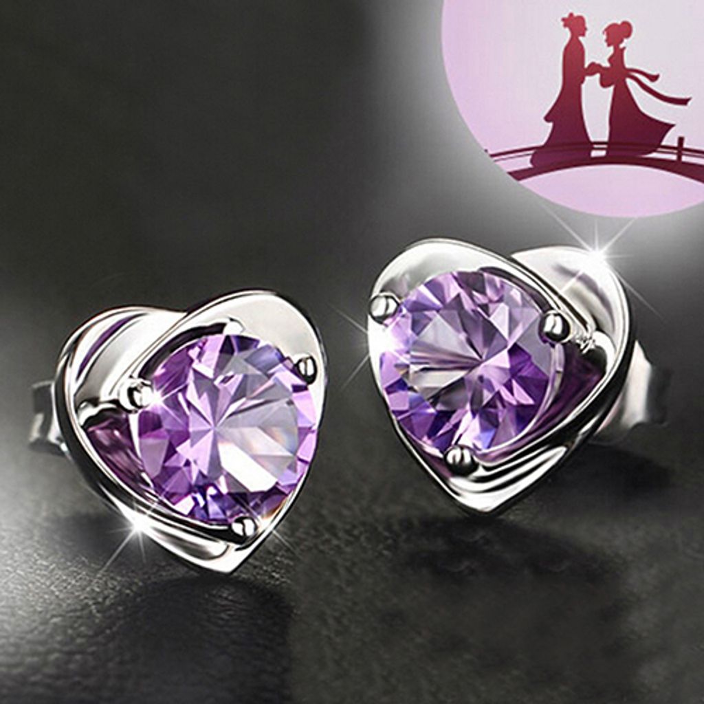 Frauen lieben Herz lila Strass versilbert Ohrstecker Ohrringe