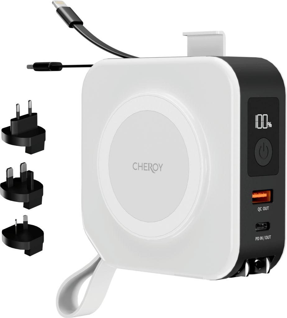 CHEROY ChargePack Multi - 5 in 1 Travel Power Bank - 10.000mAh Kabelloses Ladegerät - Weltstecker - Reisestecker - Schnellladegerät - MagSafe kom...