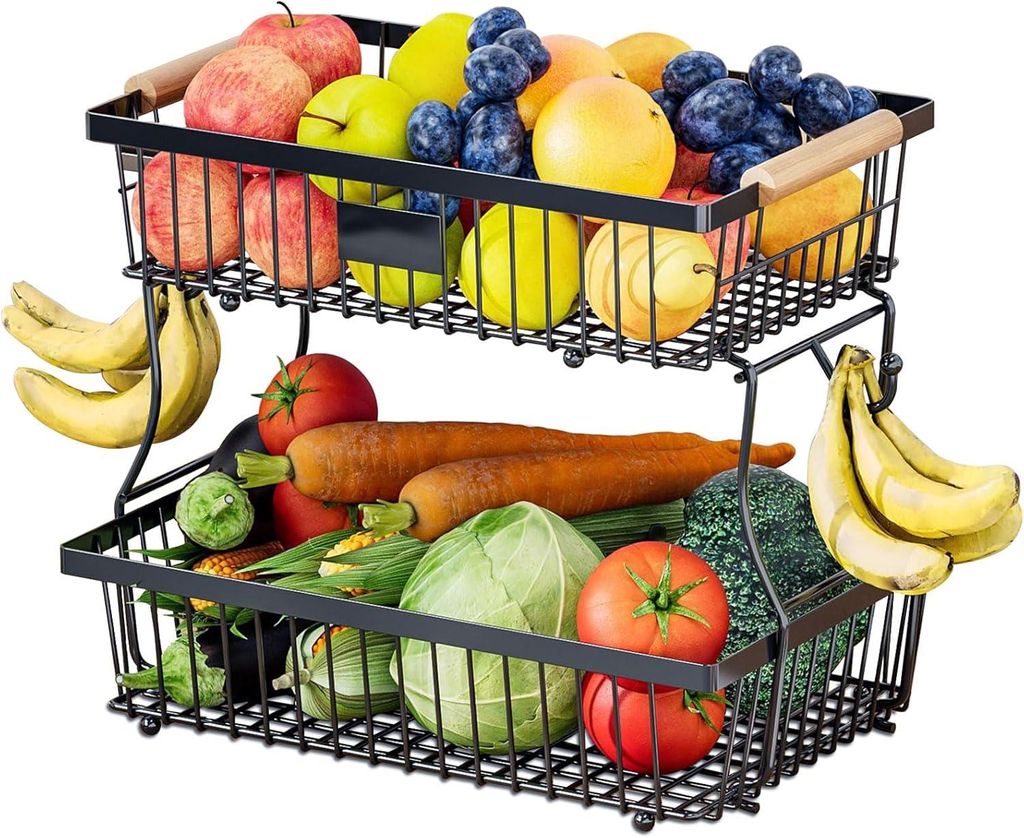 Obstschale 2-stöckiger Obstkorb mit haken abnehmbar Metall Organizer Obst Etagere,mit Holzgriff und 2 Bananenhängern, für Obst, Gemüse, Brot, S...