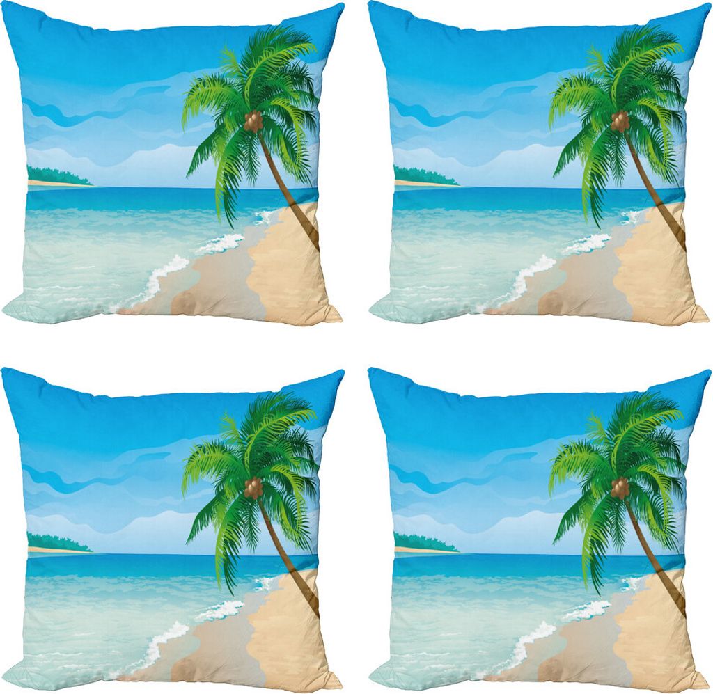 ABAKUHAUS Grafik-Strand Kissenbezug Set (4 Stück), Palme Ruhe Ozean, Moderner Doppelseitiger Digitaldruck, 50 cm x 50 cm, Himmelblau und Multicolor