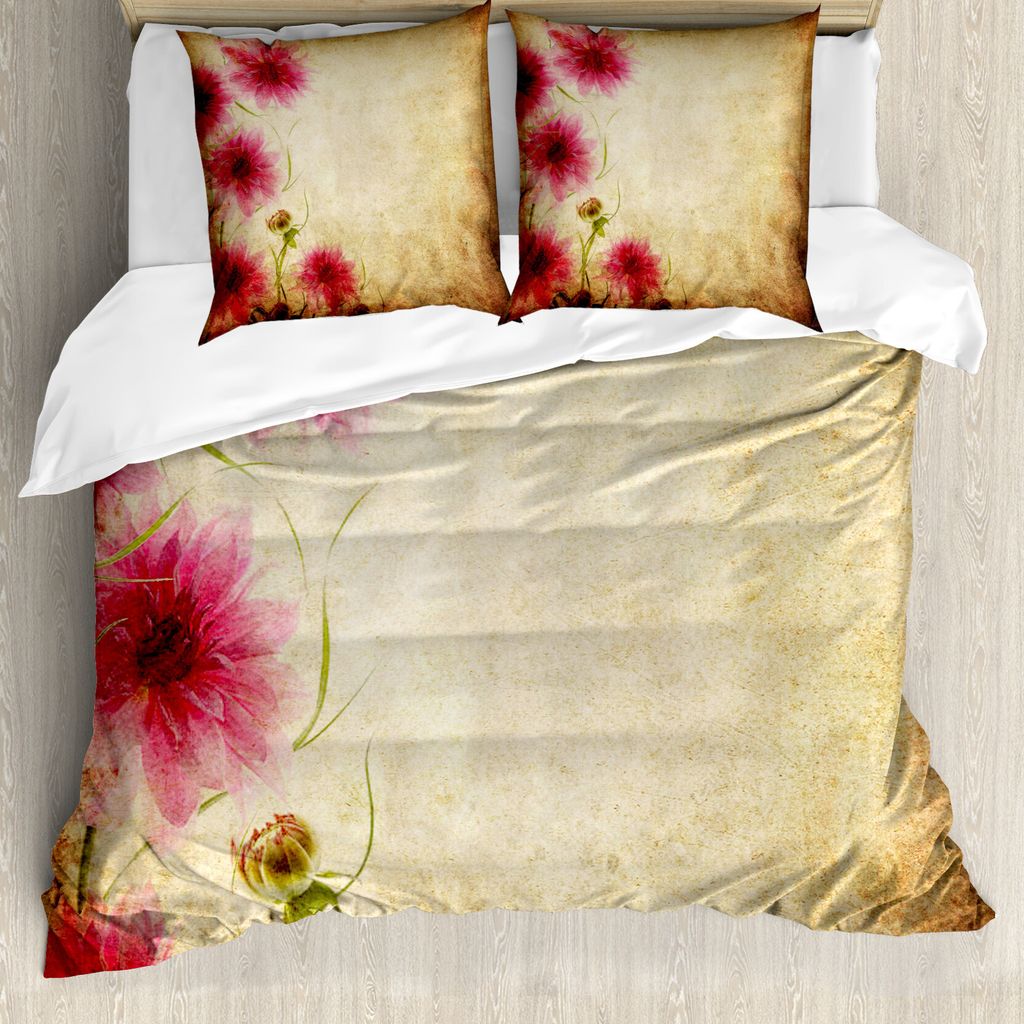 ABAKUHAUS Blumen Bettbezug, Retro Blumen Grungy alte, Milbensicher Allergiker geeignet mit Kissenbezügen, 200 cm x 200 cm - 80 x 80 cm, Sand, Brau...