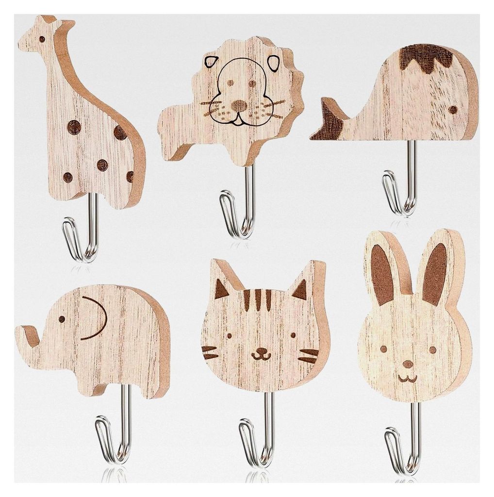 6 Stück Selbstklebende Hölzerne Tier Cartoon Wandhaken, Tier Kleiderhaken für Kinderzimmer und Schlafzimmer