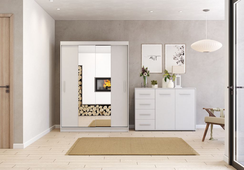 2er-Set Schwebetürenschrank Schrank Kleiderschrank mit zwei Spiegeln Weiß/Weiß 150cm Vista 01 mit Kommode 135cm FRIDA 01 und Led Beleuchtung