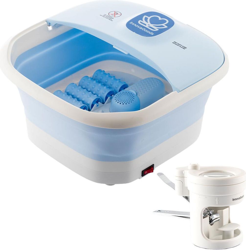 Pack Klappbares Fußbad mit Rollen und Hydromassage und Nagelknipser mit LED-Licht, Lupe und Feile InnovaGoods