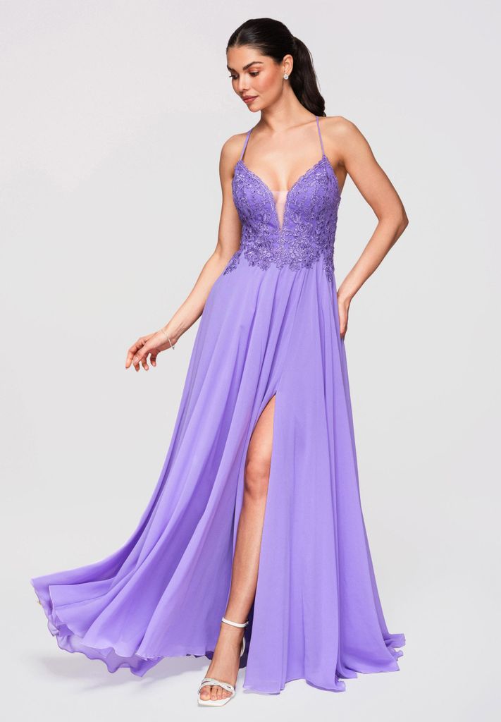 LARICA Maxikleid Abendkleid Violett mit Spitze & Rückenfrei LA-OM-DLR309 violet M