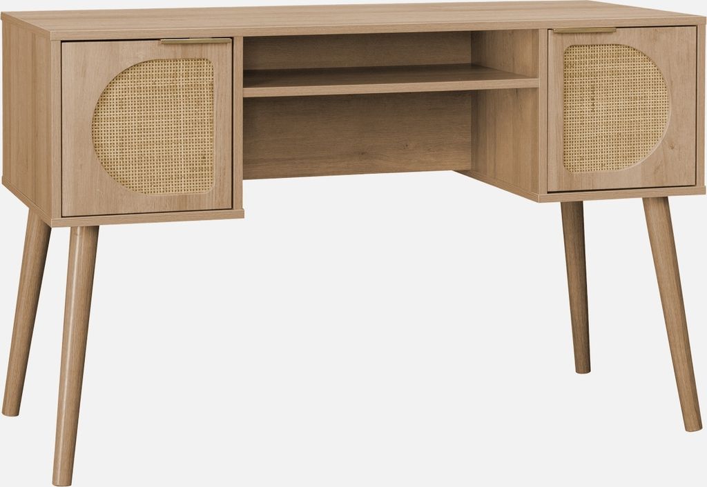 sweeek - Schreibtisch mit Holzdekor und Rattan-Geflecht, 2 Türen - Natur