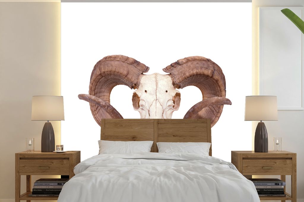 MuchoWow Fototapete für Wohnzimmer oder Schlafzimmer Wandtapete Vinyl Motivtapete Schädel - Schaf - Horn - 260x260 cm - Papiertapeten