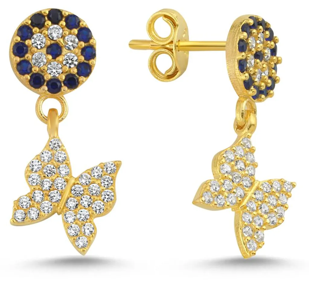 Boucles d'oreilles Pendantes Nazar et Papillon en Argent Doré Femme