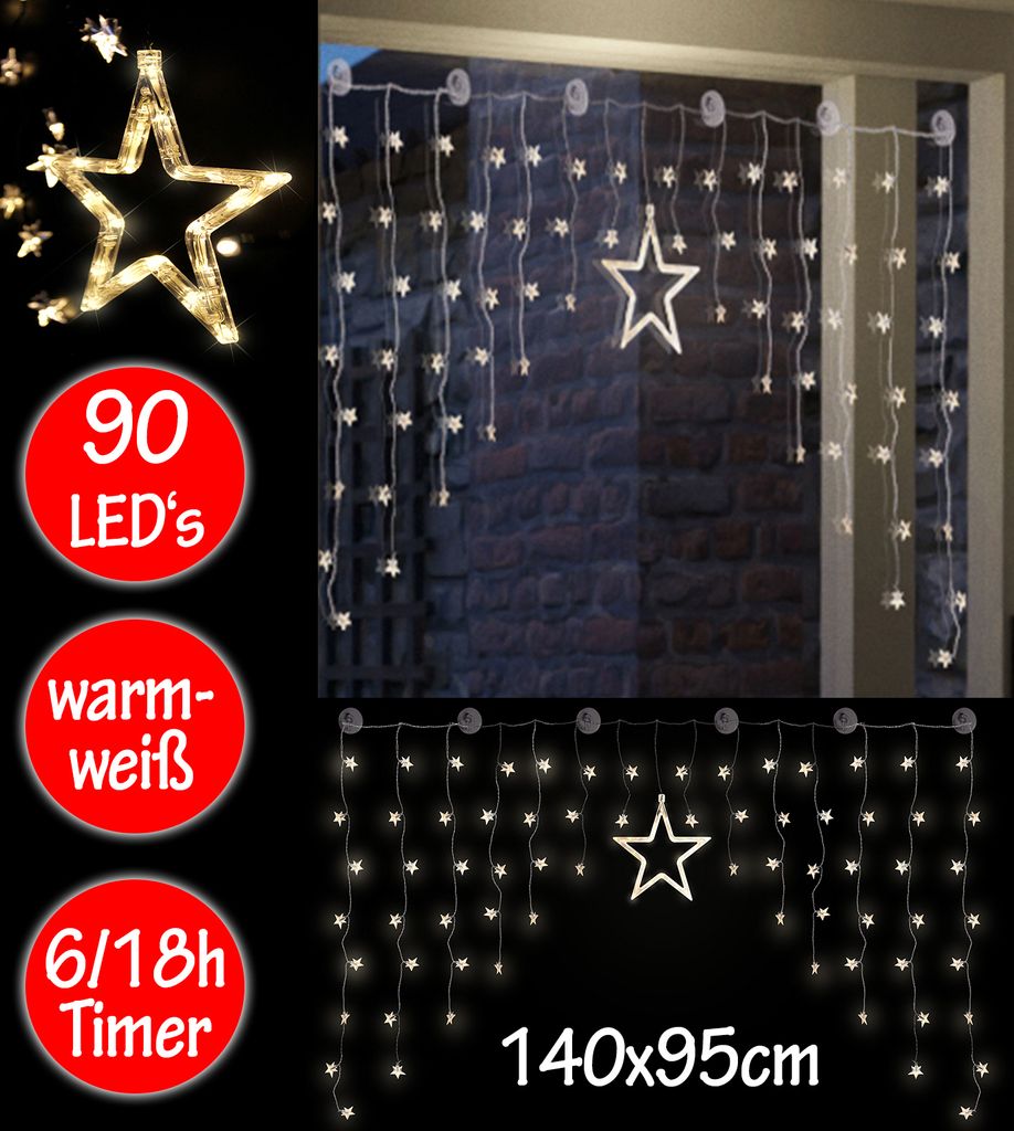 A collage showing star-shaped LED string lights for decoration, with text overlays indicating product features.