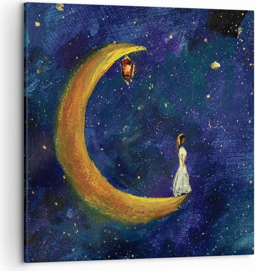 Bild auf Leinwand - Leinwandbild - Einteilig - Mädchen auf der Mond - 50x50cm - Wand Bild - Wanddeko - Wandbilder - Leinwanddruck - Bilder - Wandd...