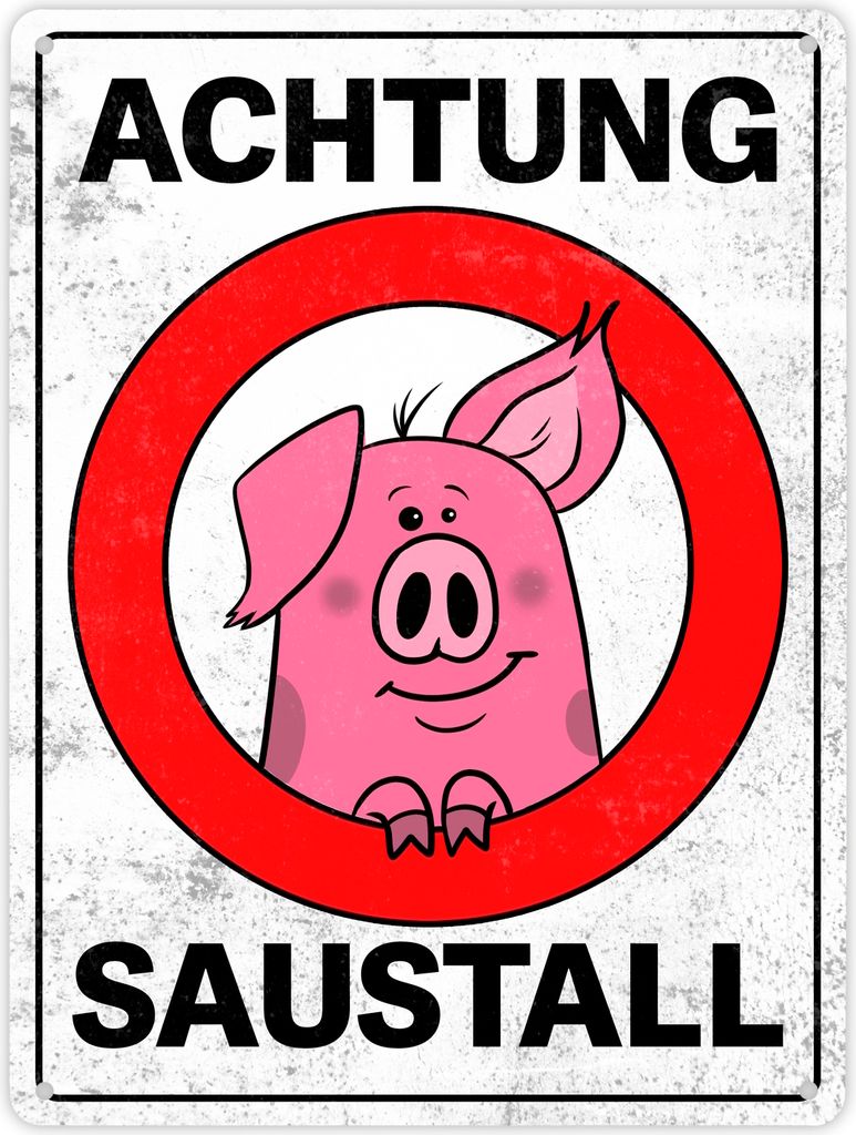 Achtung Saustall Metallschild XL in 21x28 cm mit lustigem Comic-Schwein in