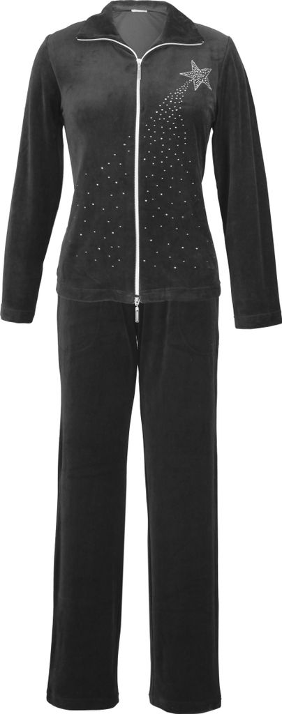 DeSen Damen Velours Nicki Hausanzug Freizeitanzug Nicki-Anzug mit Reißverschluss und Glitzersteinen Schwarz 44/46