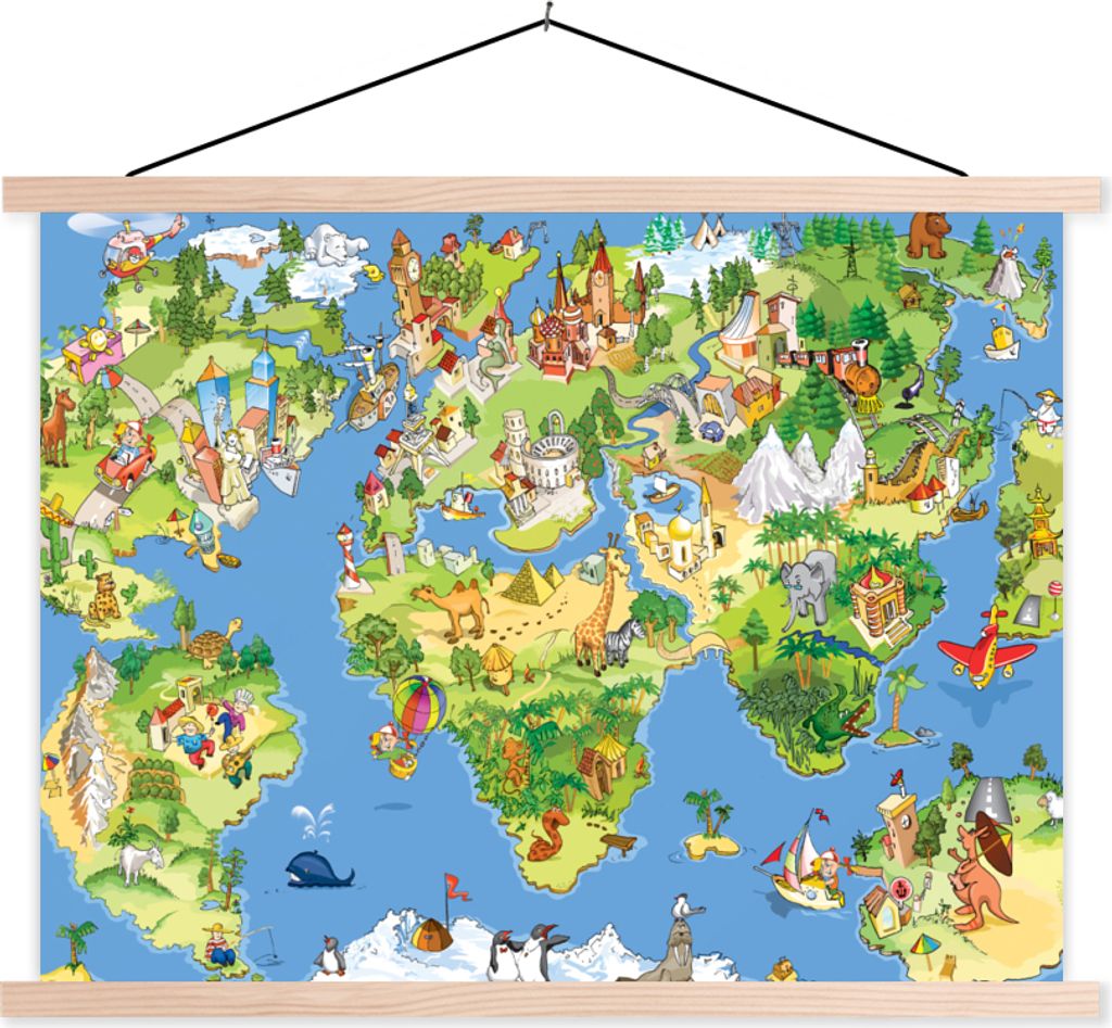 MuchoWow Textilposter Weltkarte - Kinder - Natur - Tiere - Blau - Grün 150x113 cm mit holzfarbenen Rahmen - Poster