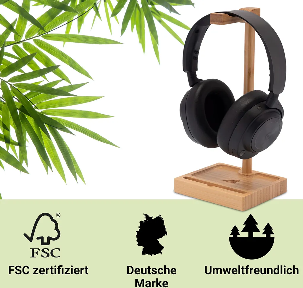 Support casque audio en bambou avec double support média intégré - 6