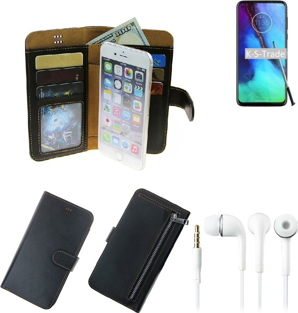 TOP SET Handy Hülle Schutz Hülle kompatibel mit Motorola Moto G Pro schwarz aus Kunstleder + Kopfhörer Smartphone Tasche vollwertige Geldbörse