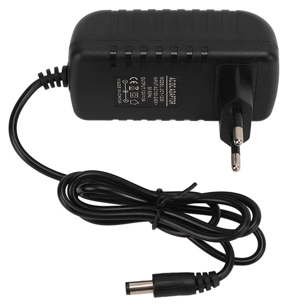 A black power adapter with a cord and plug on a white background.