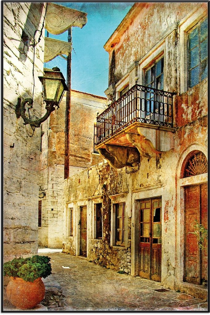 Wallario Wandbild Gasse im Süden, Urlaub in Griechenland, Größe: 61 x 91,50 cm, Poster mit schwarzem Aluminiumrahmen