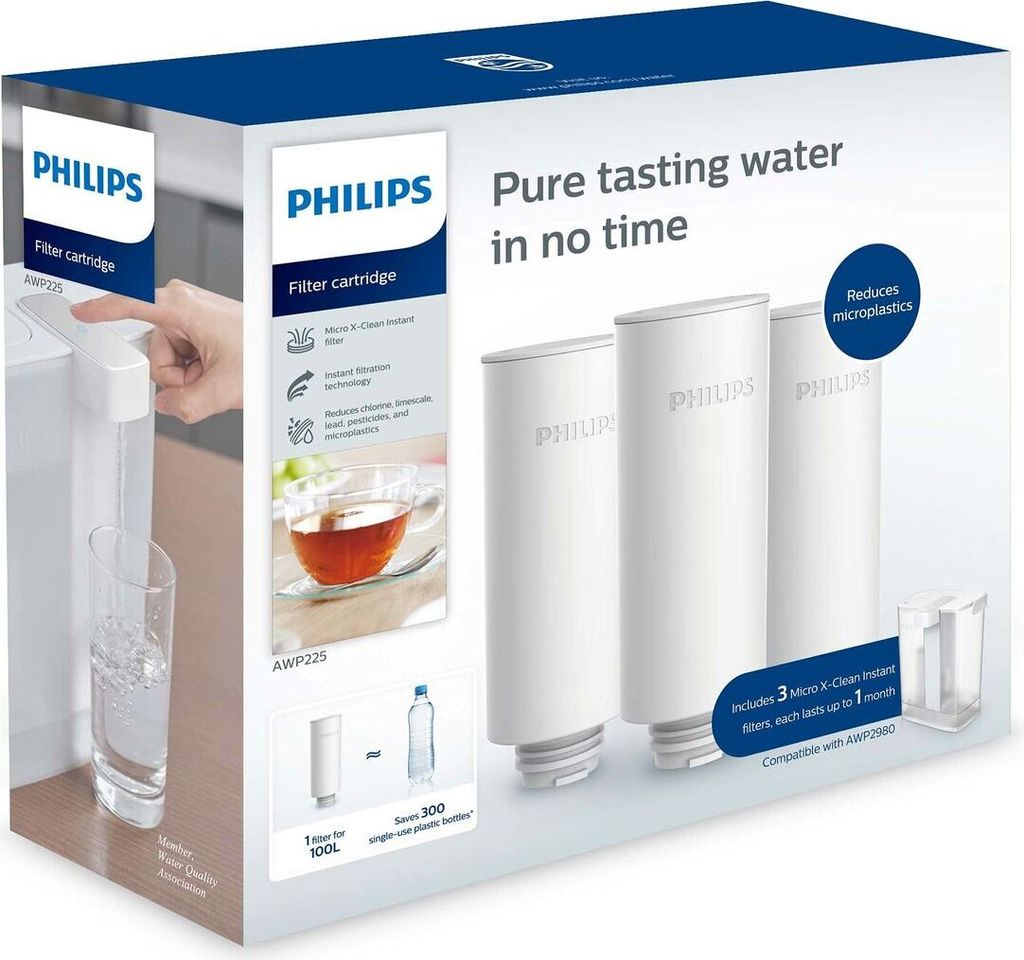 A product shot of a package of Philips water filter cartridges, showing the packaging and the cartridges inside.
